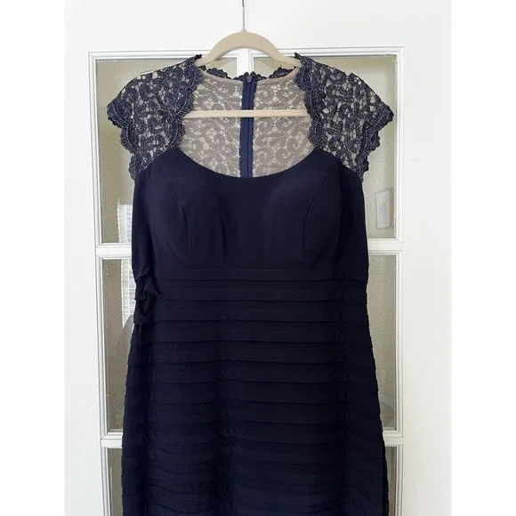 Women's Navy Blue Long Mermaid Cap Sleeve Chiffon Maxi Formal Wedding Dress 14 - Picture 3 of 12